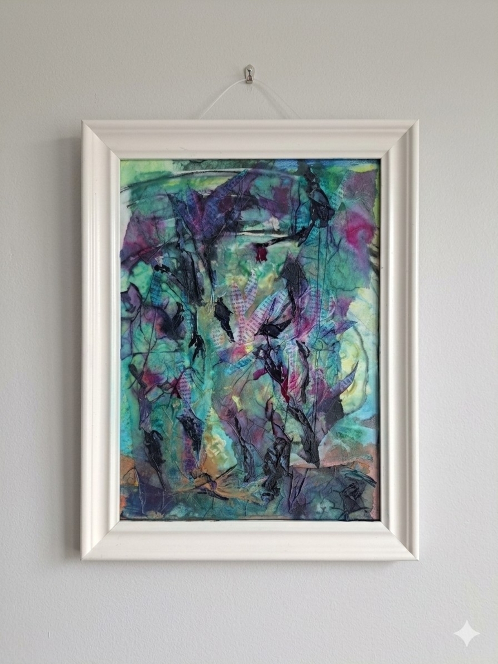 14x18 abstract mixed media collage features a palette of teal, purple, and magen